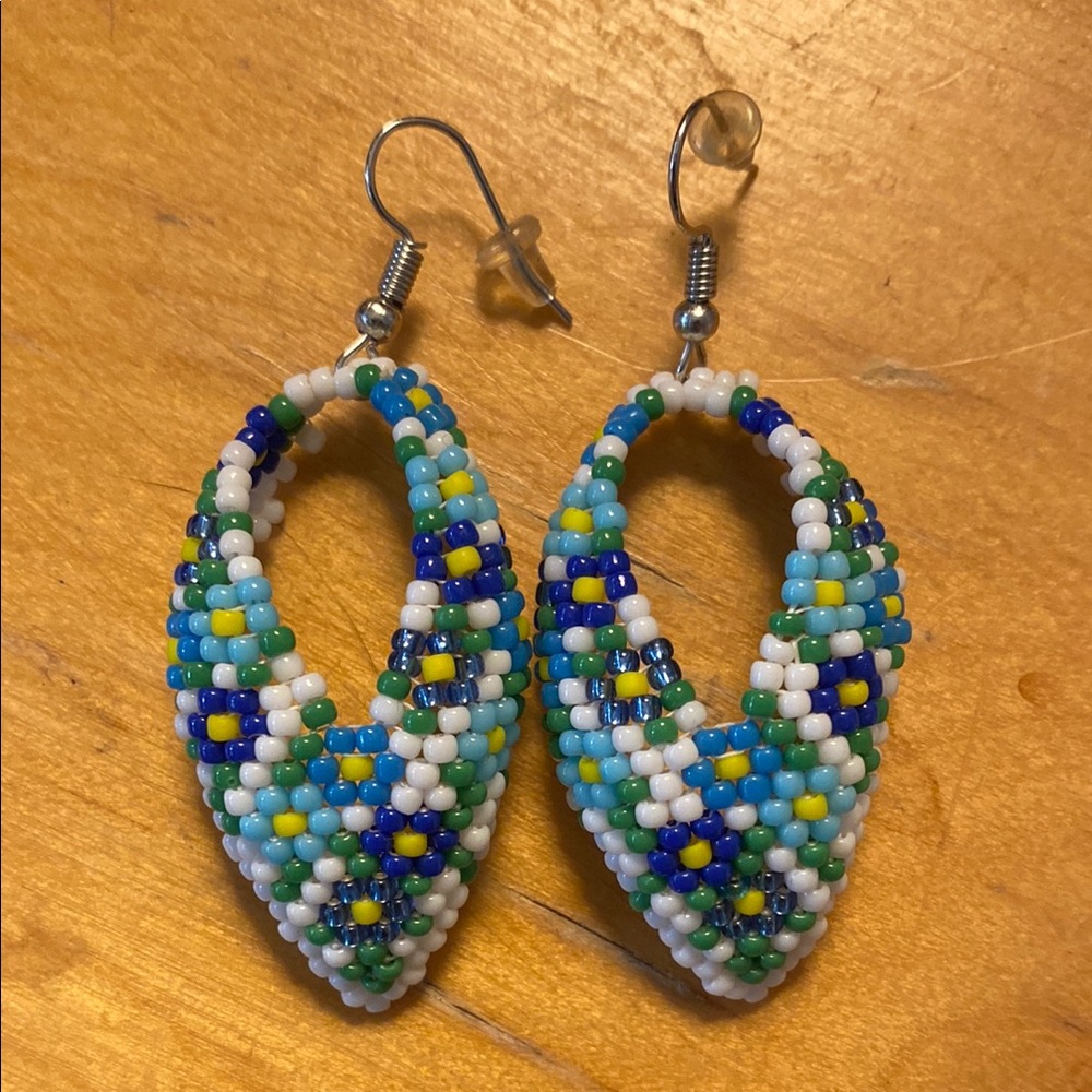 Handcrafted Indigenous Beaded Earrings - Blue, Green, White